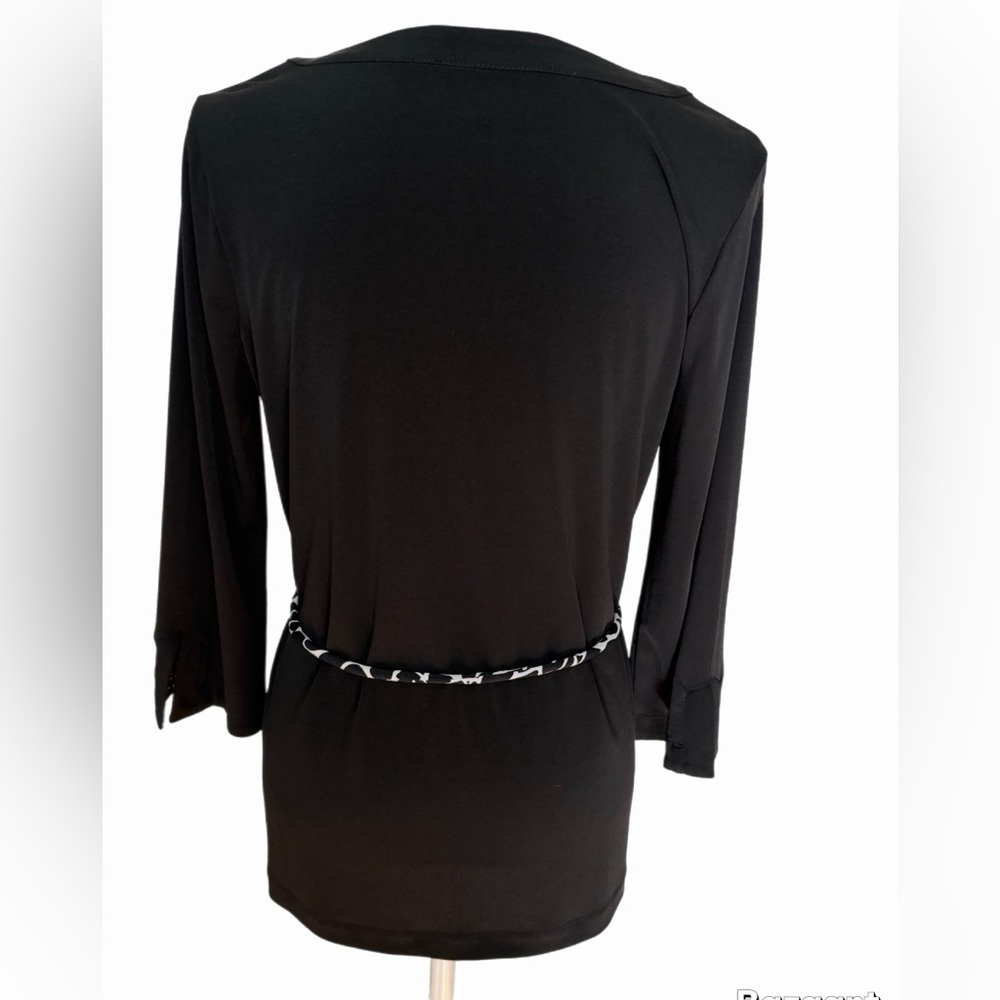 Dana Buchman Black Tunic Top Small Animal Print Trim Tie Waist 3/4 Sleeve Blouse - Picture 4 of 7